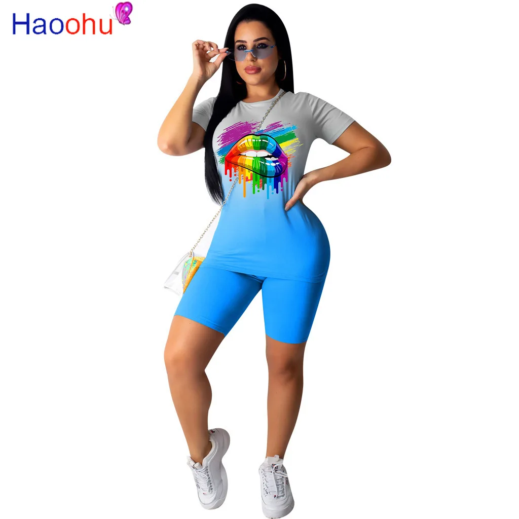 

HAOOHU Sport Women Gradient Lips Two Piece Set O-neck Tee Tops Shorts Jogger Sweatpants Suit Tracksuit Matching Set Outfit