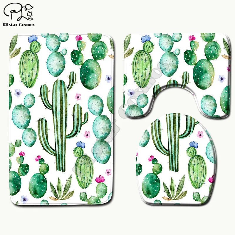 Cactus pattern funny 3D printed Bathroom Pedestal Rug Lid Toilet Cover Bath Mat Set drop shipping style-3 | Дом и сад