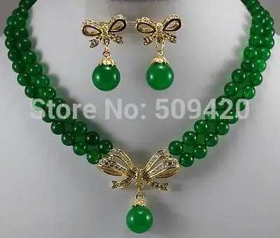 

Wholesale 2Strands new Yellow Gold fine jewelry Green jade new Round Necklace Earring