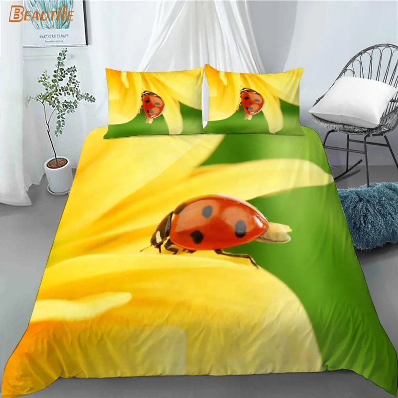 Funda n&oacute;rdica con estampado de mariquita y animales para ni&ntilde;os, juego de cama de tela de poli&eacute;ster con 2 fundas de almohada, 1009, gran oferta-2