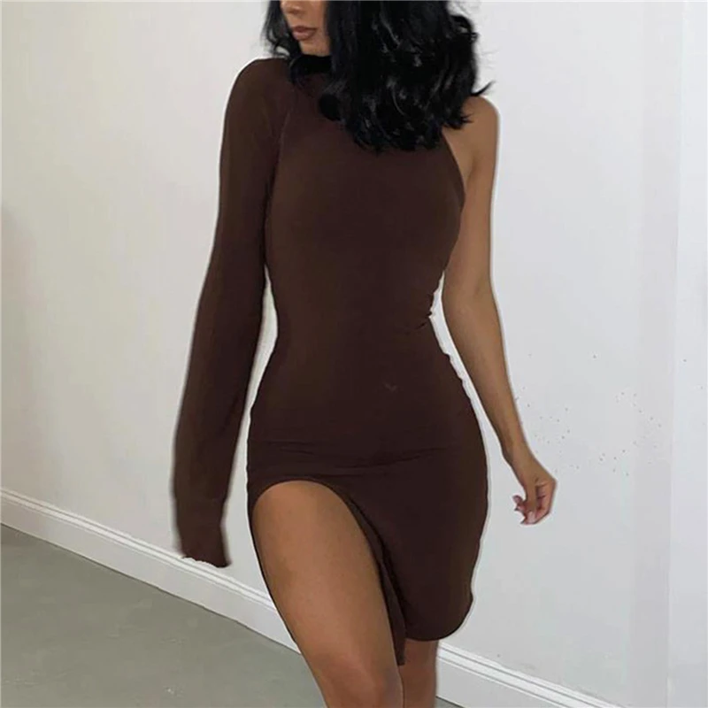 

One Shoulder Long Sleeve Women Bodycon Party Dresses Side Slit Autumn Fashion Sexy Skinny Clubwear Mini Dress Solid Hot