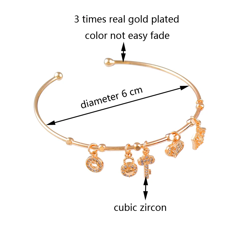 

SINLEERY Crystal Round Star Key Heart Pendants Bracelet Open Bangle Gold Color Dubai Jewelry Women Fashion Accessories SL462 SSK