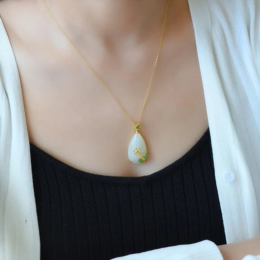 

Natural Hetian white jade Drop Shaped Pendant Necklace Chinese style retro romantic florets sweet cute fairy silver jewelry