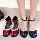 Женские босоножки с закрытым носком, лето-осень 2021, модельные туфли из лакированной кожи, черные туфли-лодочки с ремешком на щиколотке, на квадратном каблуке, 9346N