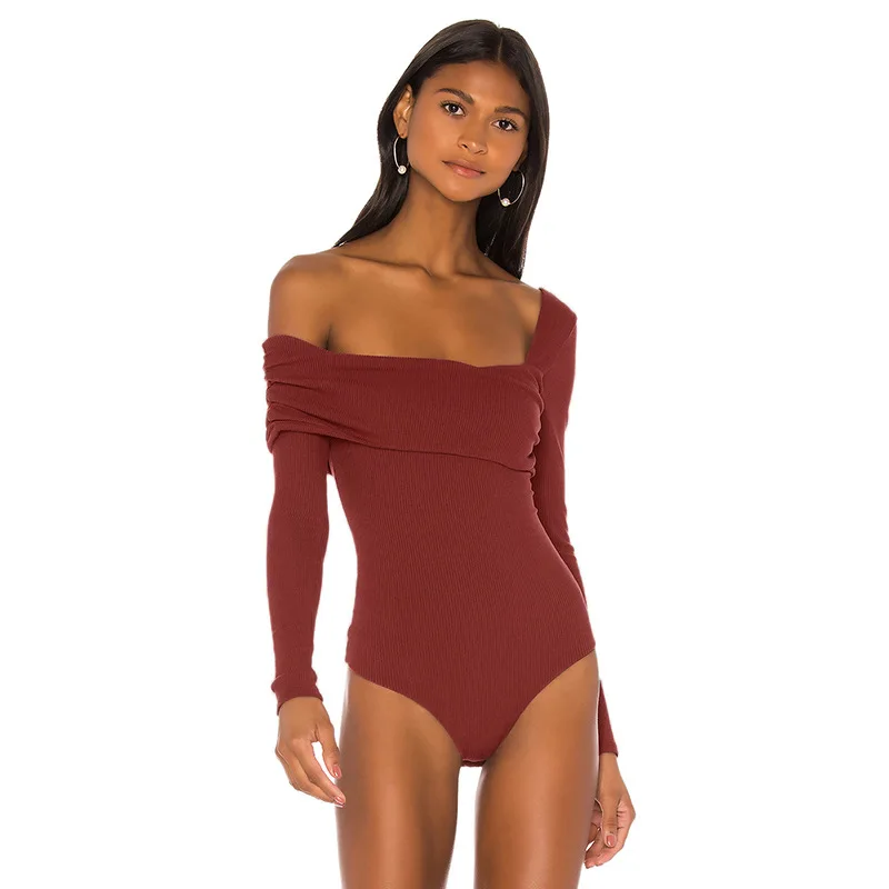 

2020 Spring Women Sexy Off Shoulder Square Collar Bodysuit Long Sleeve Knitted Sheer Rompers Bodycon Jumpsuits Overalls