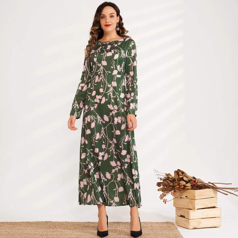

Summer New Fashion Women's Round Neck All-match High-waist Slim-fit Long-sleeved Floral Long Sweet and Versatile A-line Dress