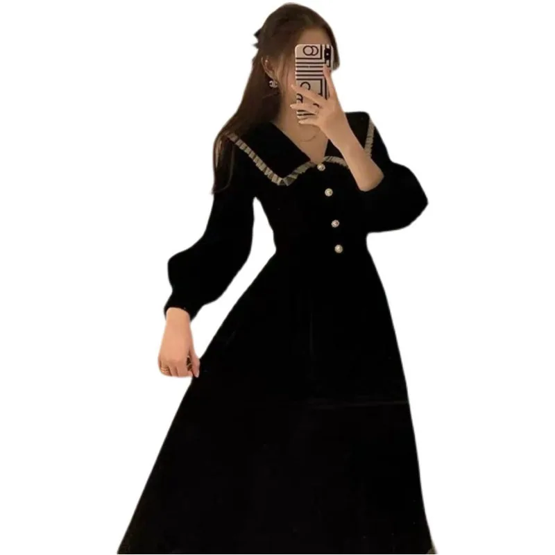 Женское винтажное платье во французском стиле черное с длинным рукавом и