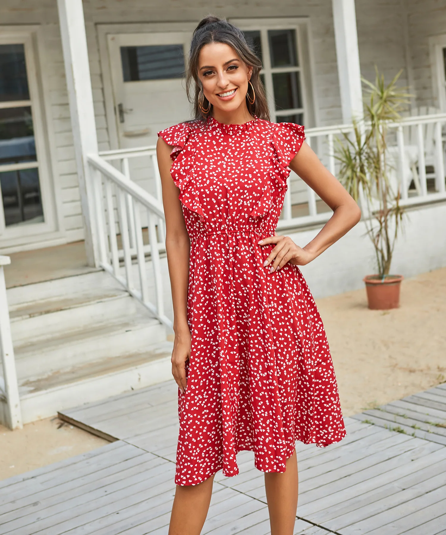 

2021 red polka dot chiffon skirt loose and versatile, showing temperament to cover belly mid-length skirt dress
