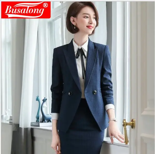 2019 двубортный черный navyblue полосатый жакет и брюки с длинным рукавом Женские