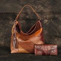 2021 womens genuine leather handbags tassel handbags set 2 with lady clutch wallets vintage shoulder bag large totes and wallet