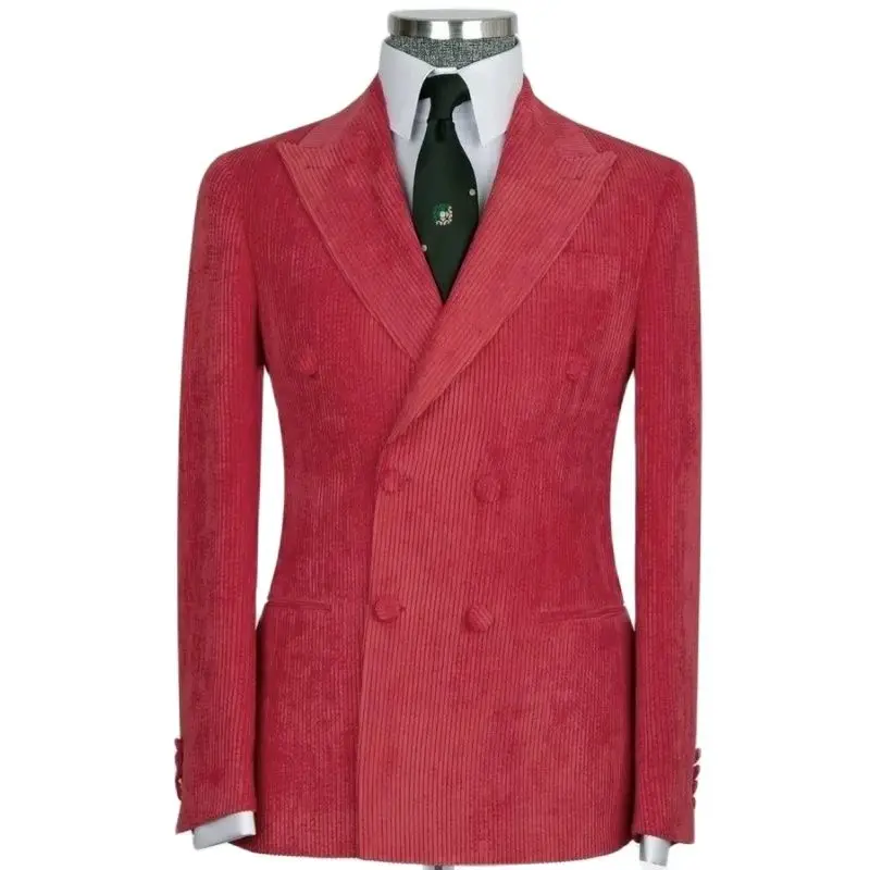 

New Arrival Red Corduroy Double Breasted Men Suits Peak Lapel Terno Masculino Tuxedo Groom Wedding Prom Slim Fit Blazer 2 Pieces