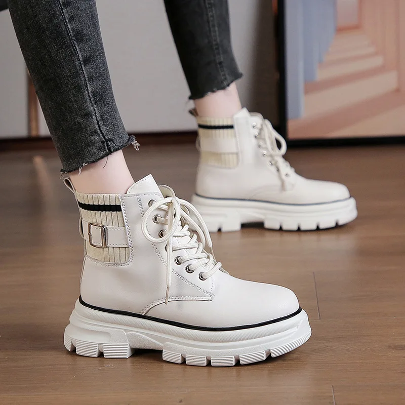 New Ankle Boots Platform Lace Up Leather Booties Women Flats Black Boots for Girls Casuales Fashion British Style Punk Shoes