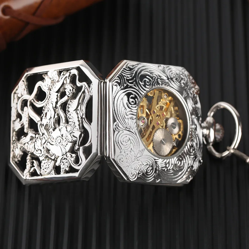 Steampunk Bronze Tigers Display Mechanical Hand Winding Pocket Watch Hollow Transparent Vintage Manual Mechanism Pocket Clock