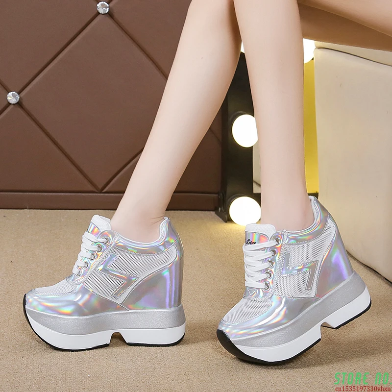 

Hidden Heels Wedge Sneakers Women Silver Laser Platform Casual Shoes Woman Summer Breathable Mesh Chunky Sneakers White
