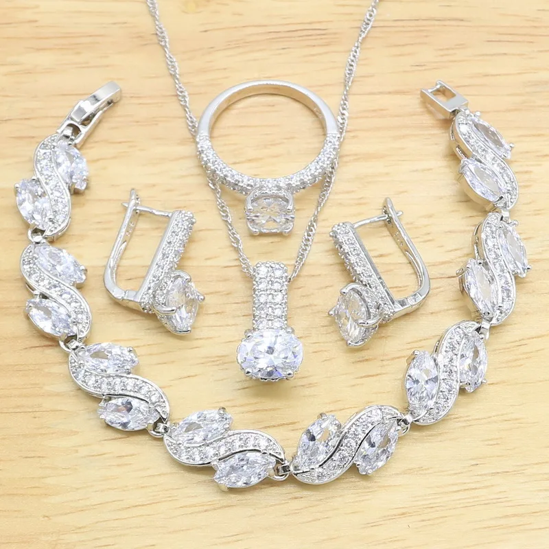 

White Zircon 925 Silver Jewelry Sets For Women Wedding Bracelet Hoop Earrings Necklace Pendant Ring Bridal Birthday Gift