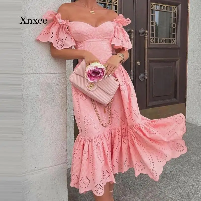 

Пикантное Платье-туника миди с открытыми плечами, Новинка осени 2021, женские платья, розовые туники в горошек, женское пляжное платье