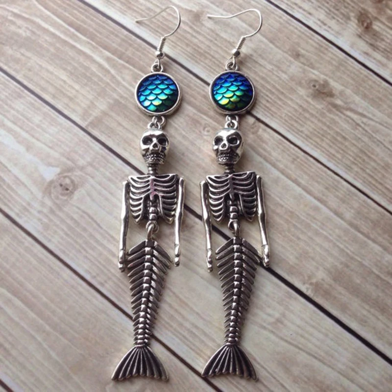 Модные серьги в виде черепа на Хэллоуин чешуя Русалки винтажные капли для женщин ювелирные изделия