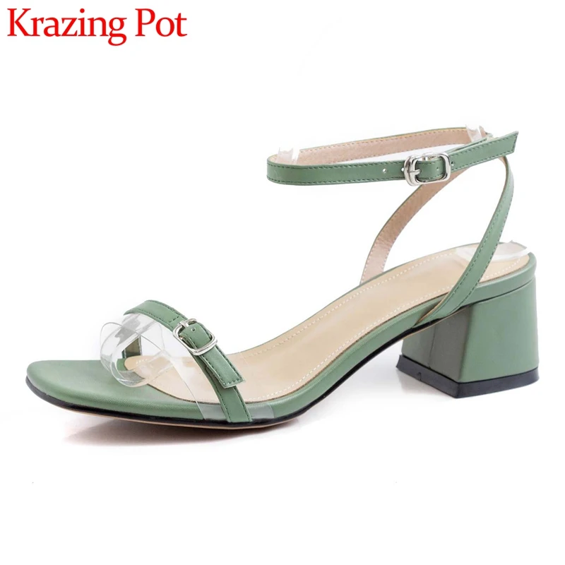 

Krazing pot/простая однотонная обувь; Женская обувь из натуральной кожи с открытым носком на высоком каблуке с пряжкой на ремешке; Элегантные жен...