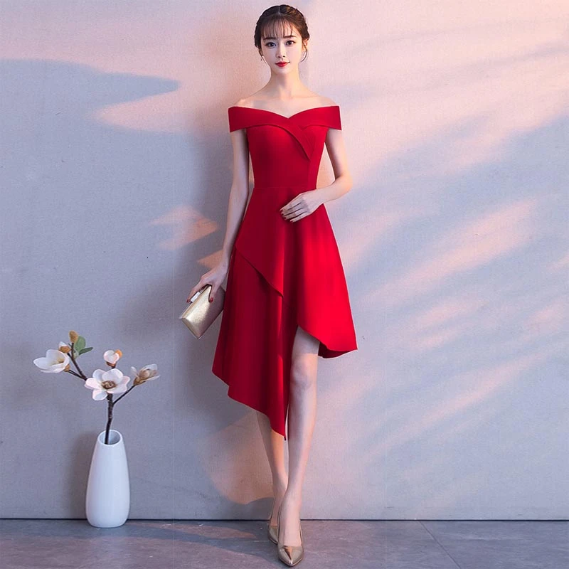 

Wine Red One Shoulder Short Asymmetrical Chinese Women Wedding Evening Dress Modern Oriental Style Girl Elegant Party Dresses