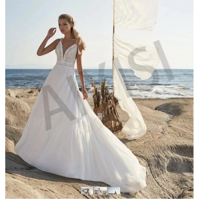 

Jasmine Wedding Dress No Bra Spaghetti Strap Deep V Neck Simple Bride Vestido Lace Appliques Chiffon Pure Love Robe de mariée