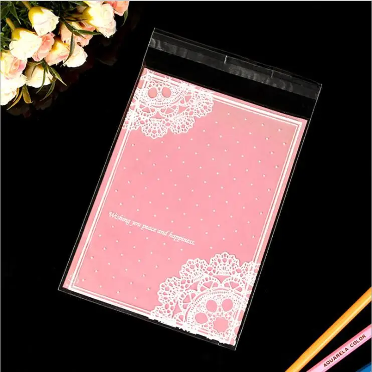 

100pcs/pack Lace pink pattern Self-adhesive Gift Food Packing Bag Cute Biscuit bag Plastic Bag big size 220*160mm