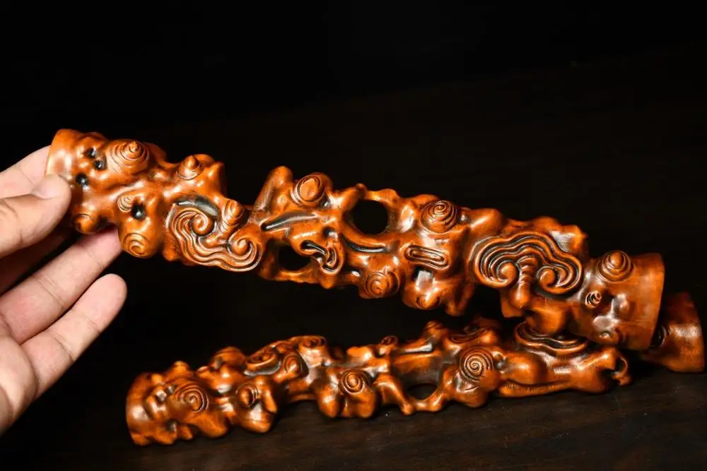 

Home Decor 10" Old Boxwood Pure Hand-Carved Wooden Lingzhi Ruler Statue The four treasure town ruler wood carving