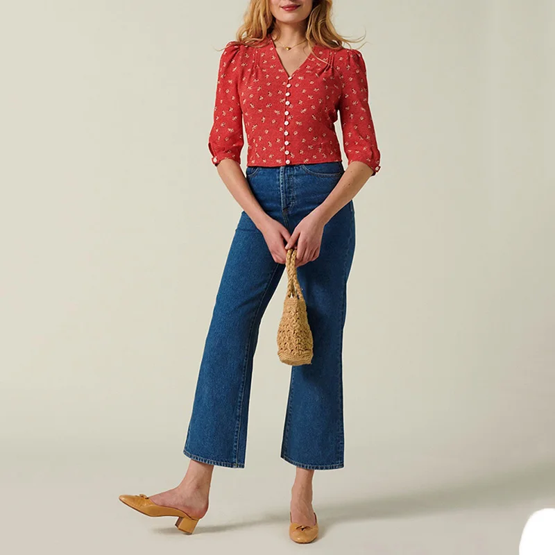 Блузка женская с коротким рукавом цветочный принт V-образный вырез элегантная