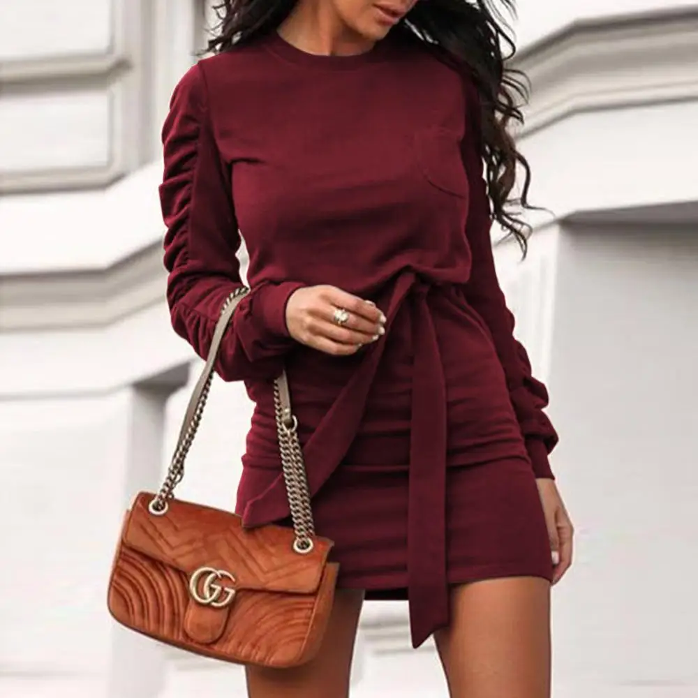 

Women Vintage Sashes Sheath Mini Dress Long Pleated Sleeve O Neck Solid Elegant Dress 2020 Winter New Office Lady Casual Dress