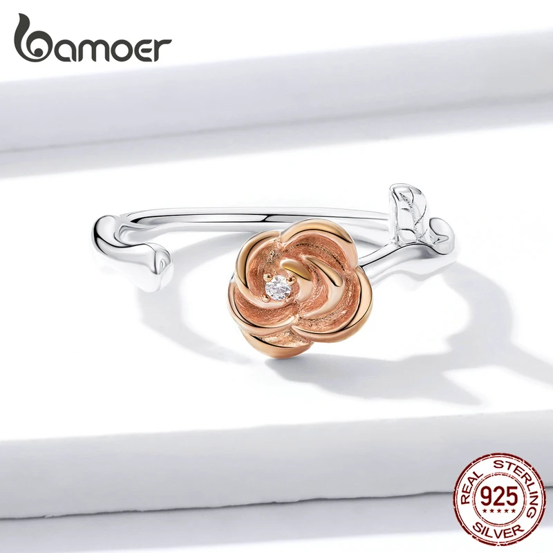 Bamoer, серебро 925, 3D, яркий цветок розы, ювелирный набор, подвеска, ожерелье, кольца на палец и серьги для женщин, Трендовое ювелирное изделие ZHS182