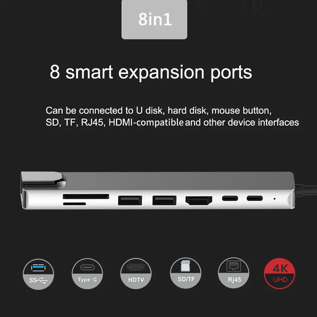 

USB Docking Station 8 in 1 Type-C to 4K RJ45 Docking Station USB 3.0 TF PD Charger Hub Adapter Fast Charger Dock Station