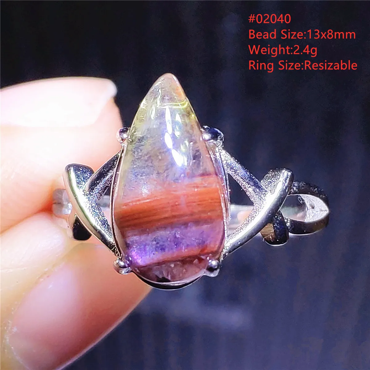 

Genuine Natural Cacoxenite Auralite 23 Ring Purple Red Adjustable Size Rutilated Ring 925 Sterling Silver Oval Beads AAAAA