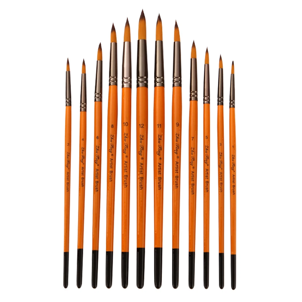 

Wood Handle Artist Paint Brushes Set - 12pcs Nylon Hair Round Point Tip Paint