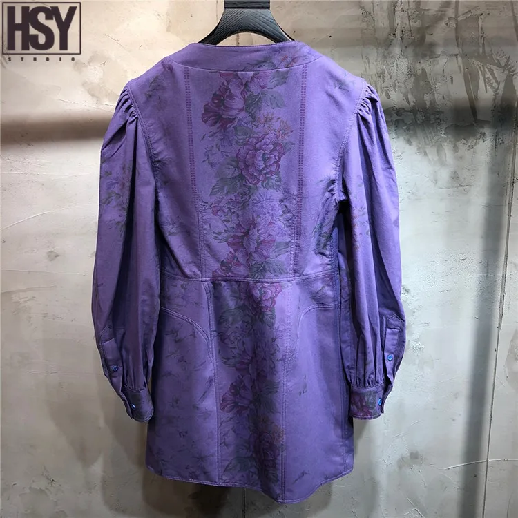 【HSY】2019 осень зима новые женские пышные рукава пуговицы украшения фиолетовый