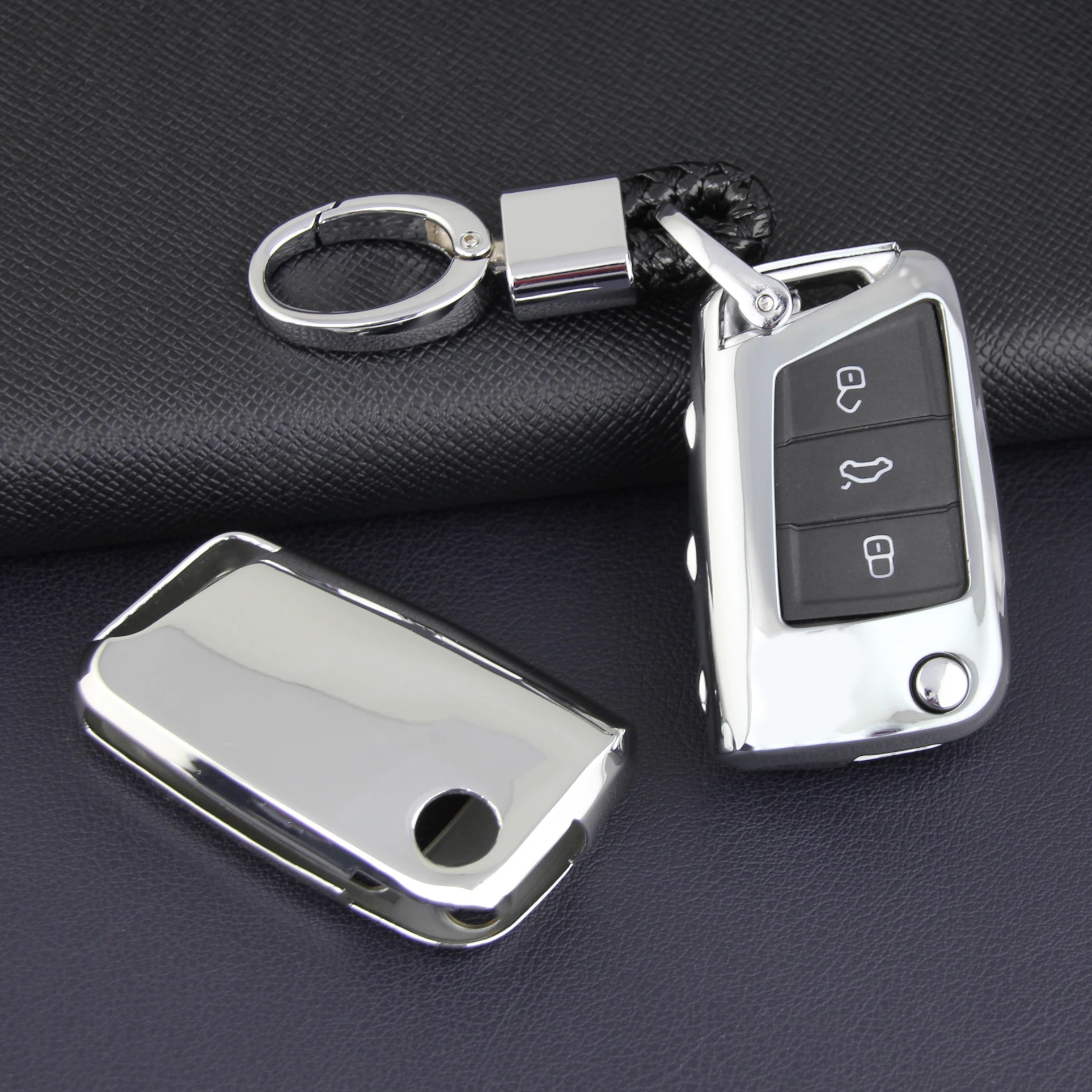 Чехол-книжка для автомобильных ключей с кольцом-цепочкой серебристый |