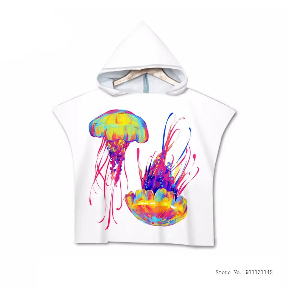 New Jellyfish Turtle Fish Double-sided Digital Print Super Fiber Beach Poncho Children's Hooded Quick-drying Bikini