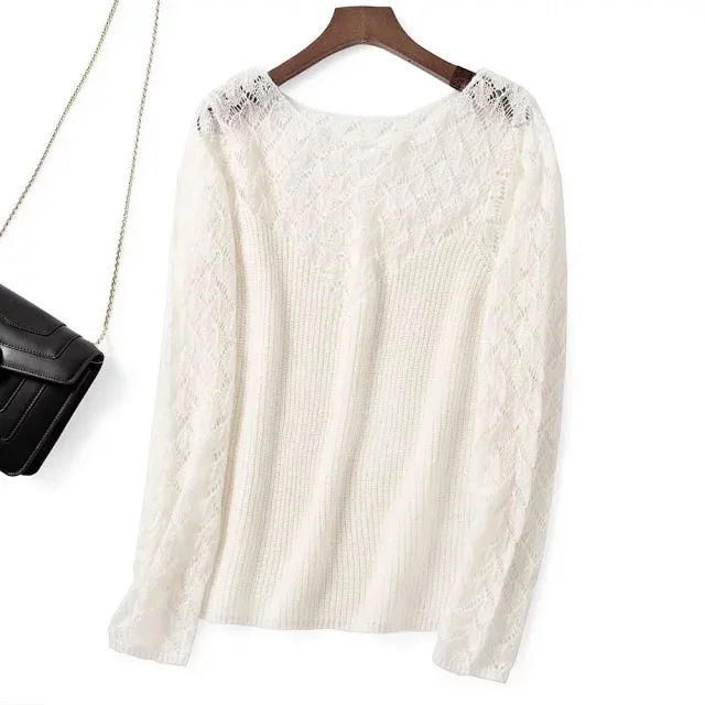 2019 New Early Autumn Hollow Stitching Wool Lace Flower Out Four-colors O Neck Sweater | Женская одежда