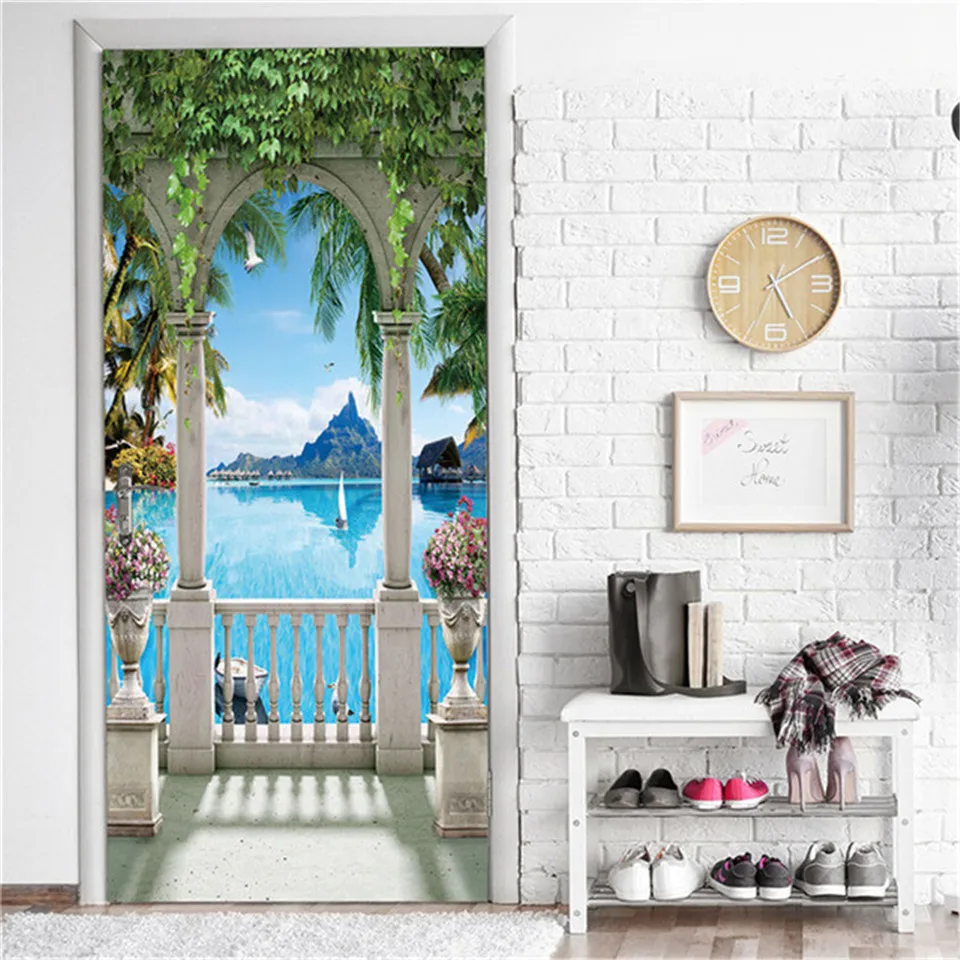 2Pcs/Set Forest Door Sticker Wallpaper PVC DIY Self-adhesive Waterproof Poster Seascape Wall Mural Decals Home Decor deursticker | Дом и сад