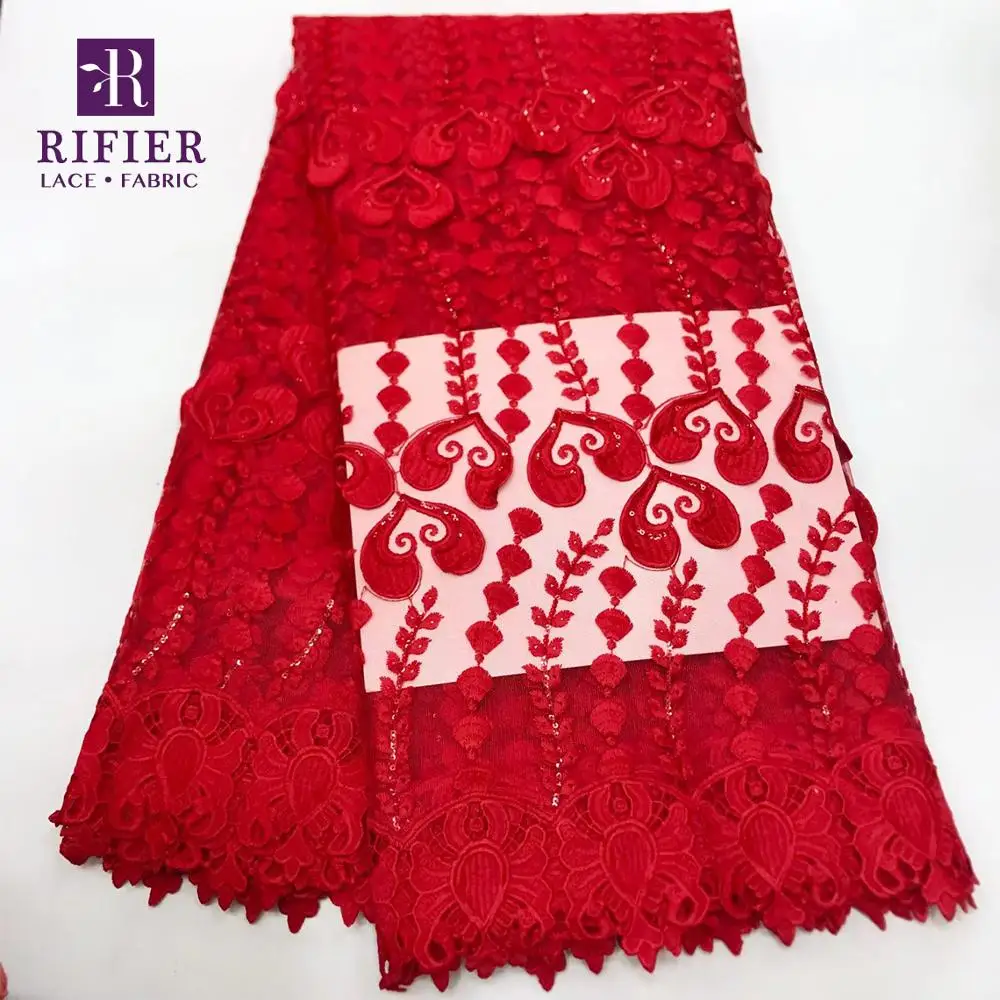 

Christmas 2019 African High Quality Milk Silk Lace Cord Cotton Fabrics Red 3D Applique Mesh Net Lace Prom Wedding Swiss Voile