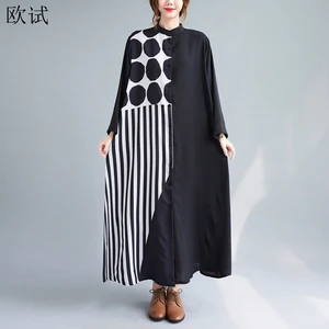 Summer Spring Women Long Sleeve Patchwork Dot Stripped Shirt Dress Woman Clothing Casual Dress Ladie in India