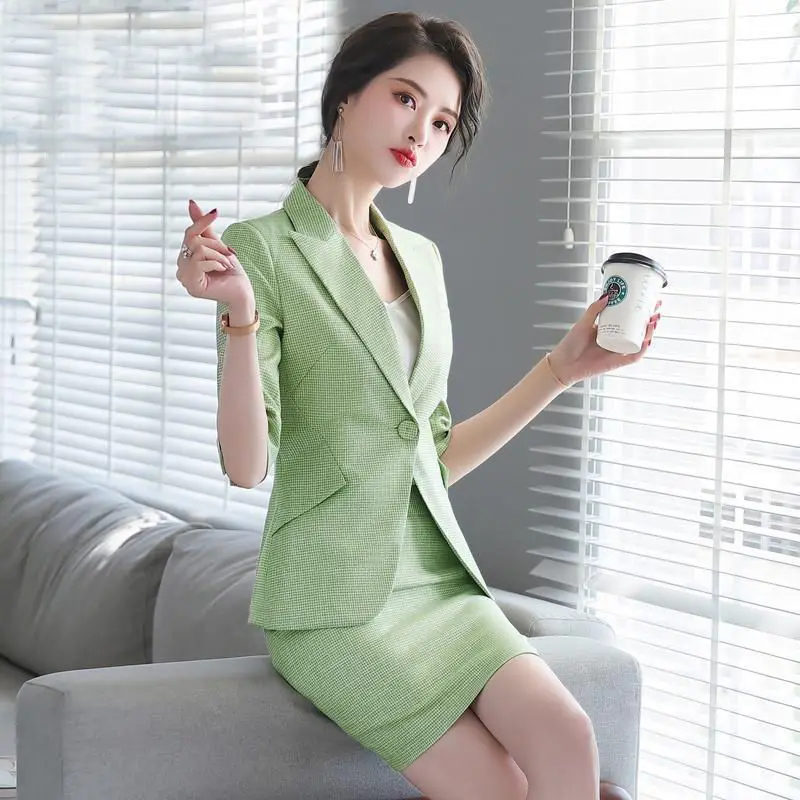 

2020 Spring Summer Skirt Suit 3 Pieces Set Fashion Business Suit Office Ladies Work Wear Plaid Interview Blazer Hlaf Sleeve Z13