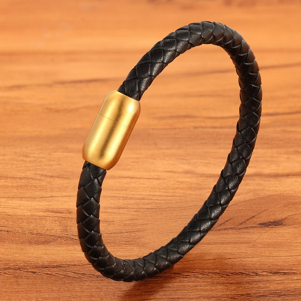 Fashion Simple Style Stainless Steel Men's Leather Bracelet Multi-color Black Leather Bangle For Boys Handsome Birthday Gift