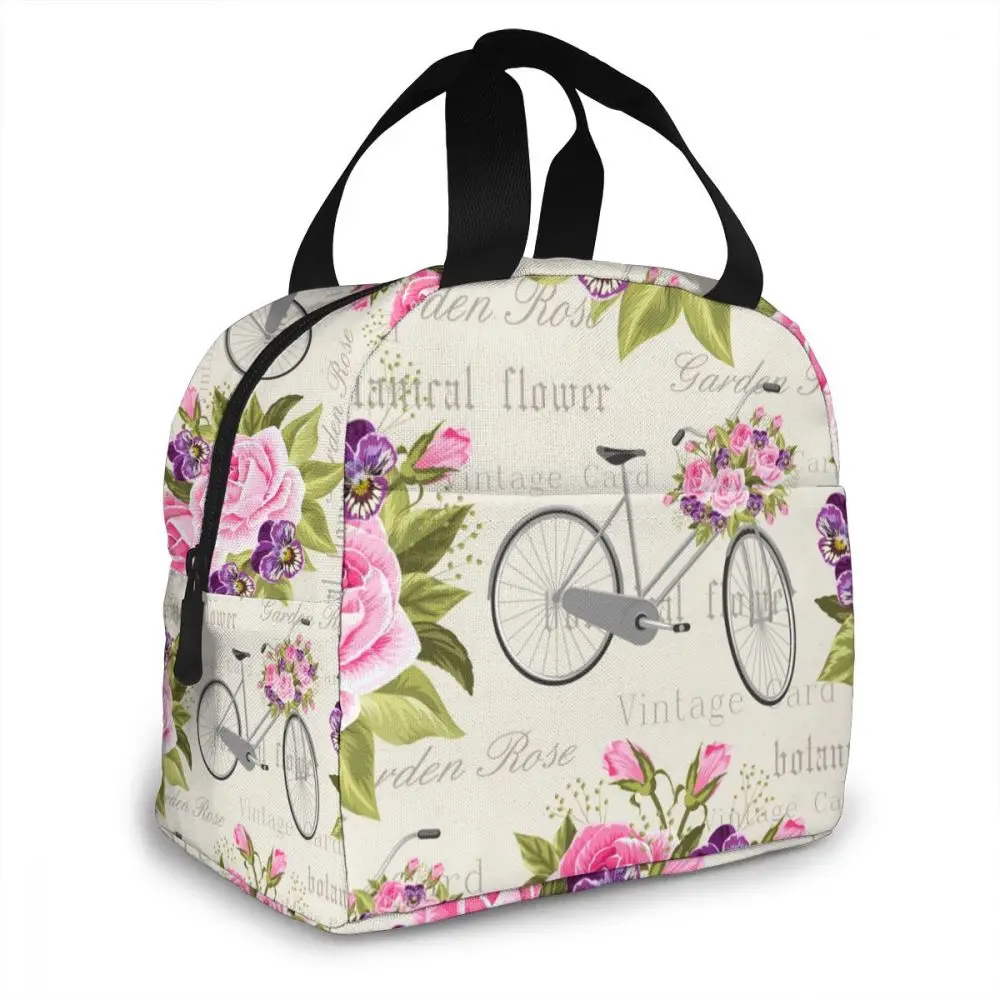 

WHEREISART Camping Outdoor Handbag Cooler Lunchbox Pansy Flowers Print Portable Thermal Insulated Lunch Bag Lady Tote Bolsa