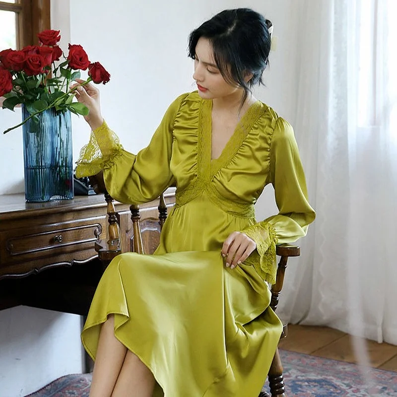 QWEEK Sexy Nightgowns Sleepwear Women V-neck Flared Sleeves Solid Color Nightdress Nightshirts Home Clothes Vestidos De Noche