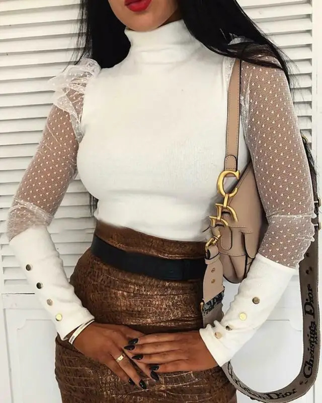 

2020 Spring Autumn Women Patchwork Puff Mesh Polka Dot Long Sleeve Tops Pullover Sweater Blouse Shirt Jumper