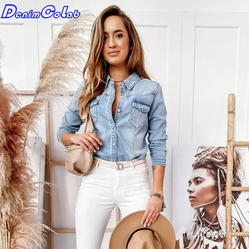 

DenimColab 2021 Autumn Slim Mirco Stretch Denim Shirt Women Lapel Nine Sleeve Pockets Vintage Blouse Female Casual Shirt Tops