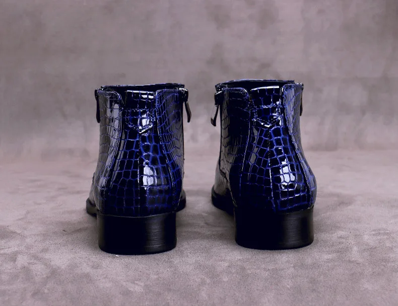 

Men Genuine Cow Leather Shoes Chelsea Boots Snake Pattern Wingtip Ankle Boot Male Patent Leather Double Zip Casual Dress Boot