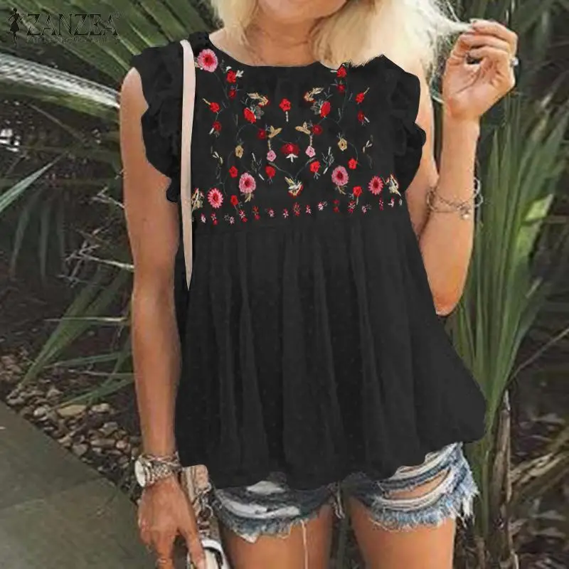 ZANZEA обувь в богемном стиле с цветочным принтом вышивкой Женские майки топы