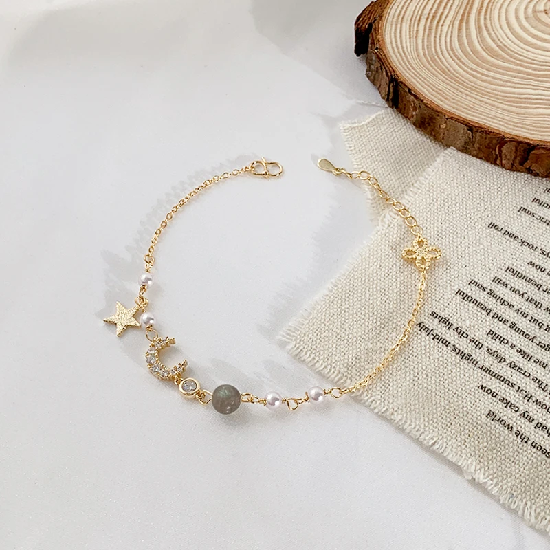 

IHUES 925 Sterling Silver Dream Moon Star MoonStone Charm Bracelet Strawberry Stone Sweet Bracelet For Girls Gifts