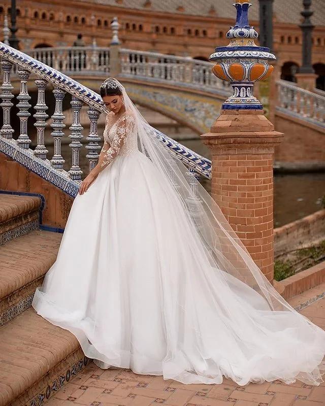 

Verngo Illusion Neckline Long Sleeves Wedding Dress Lace Applique A Line Vestido de noiva Princess Bride Dress Vestido de noiva