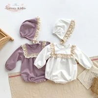 2021 autumn baby girl bodysuits long sleeve o neck lace patchwork sweet overalls with hats 2pcs set infant toddler clothes